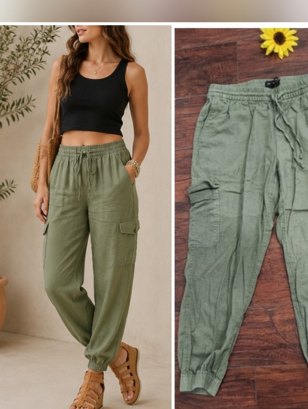 BANANA REPUBLIC LINEN GREEN CARGO PANTS 🌸🍂
